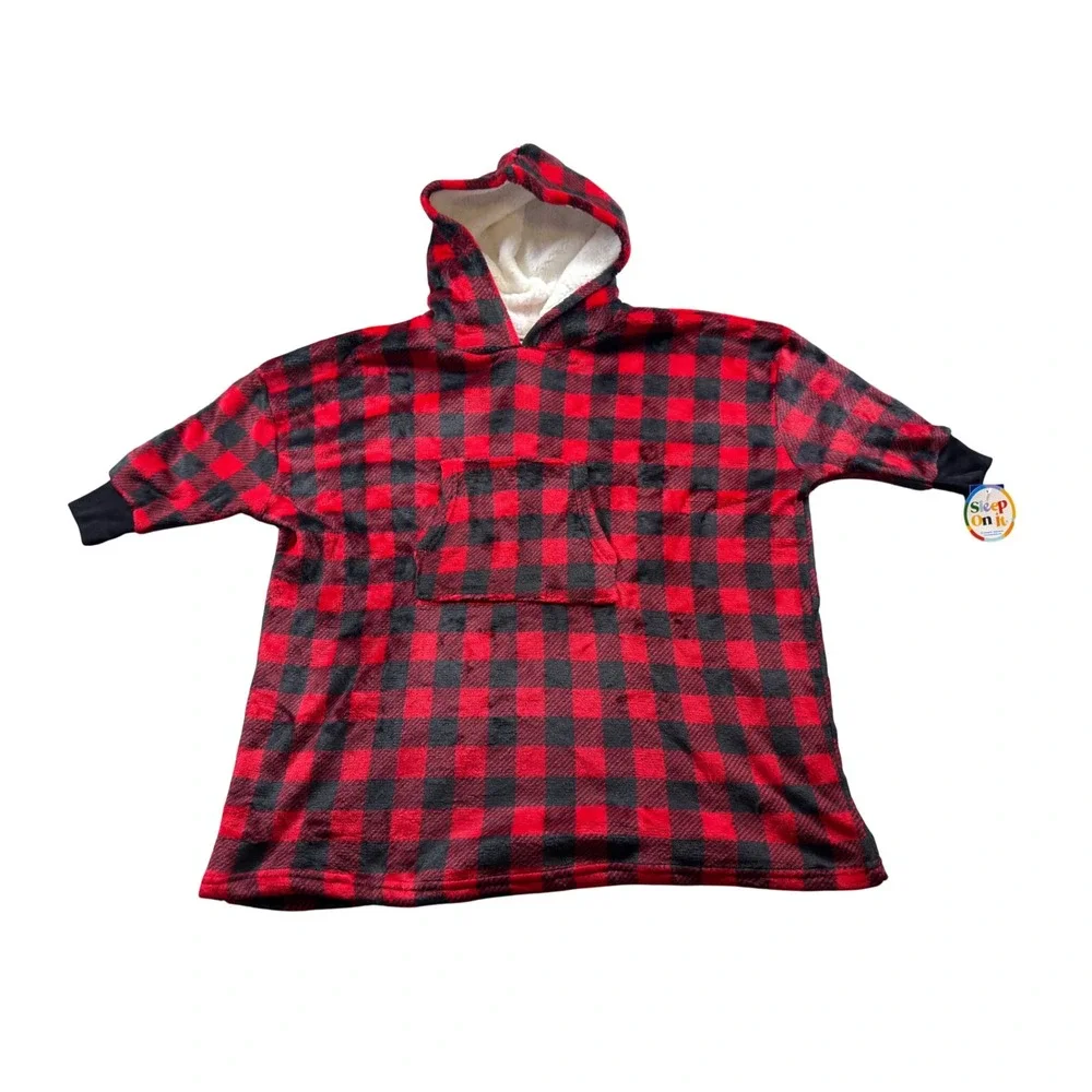 Sleep On It Wearable Blanket Hoodie Kids XS/S Red‎ Buffalo Plaid Sherpa Fleece